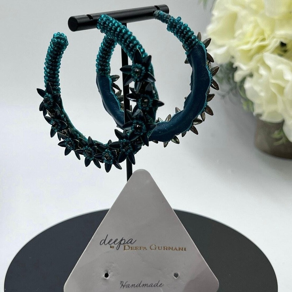 Deepa Gurnani Signed Handmade Green Beaded Floral Hoop Earrings Leather Back USA